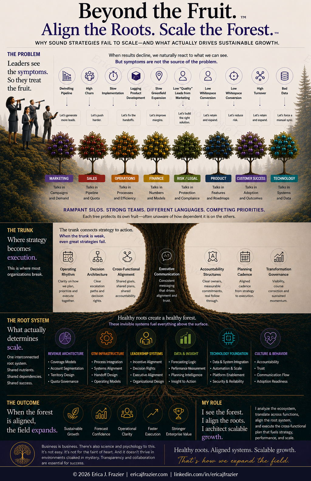 Beyond the Fruit Executive Overview — a one-page visual showing the problem (symptoms and fruit), the trunk where strategy becomes execution, the root system that determines scale, and the outcomes of an aligned organization.