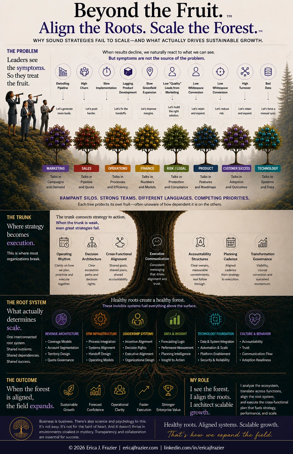 Beyond the Fruit Executive Overview — a one-page visual showing the problem (symptoms and fruit), the trunk where strategy becomes execution, the root system that determines scale, and the outcomes of an aligned organization.