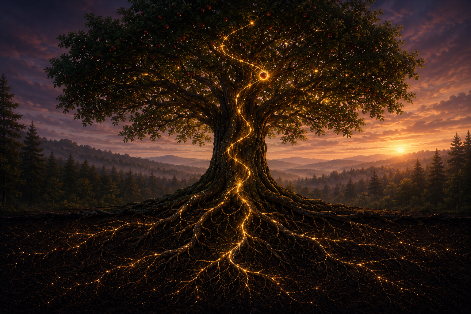 A magnificent tree at dusk with glowing golden threads traveling from deep roots up through the trunk into fruit in the canopy.